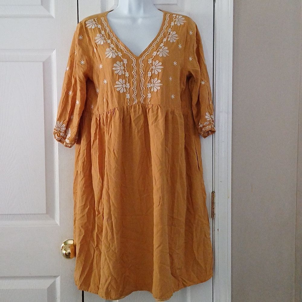 Polagram boho bohemian golden rod white embroidered midi dress Sz M